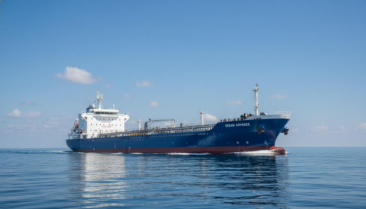 Современный танкер-продуктовоз типоразмера handy-size в море. Судно следует по спокойной воде.