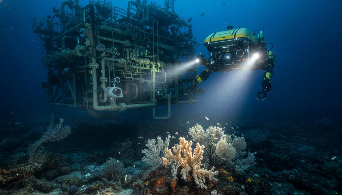 Подводный дрон-робот освещает своим прожектором оборудование на морском дне рядом с арктическими кораллами.