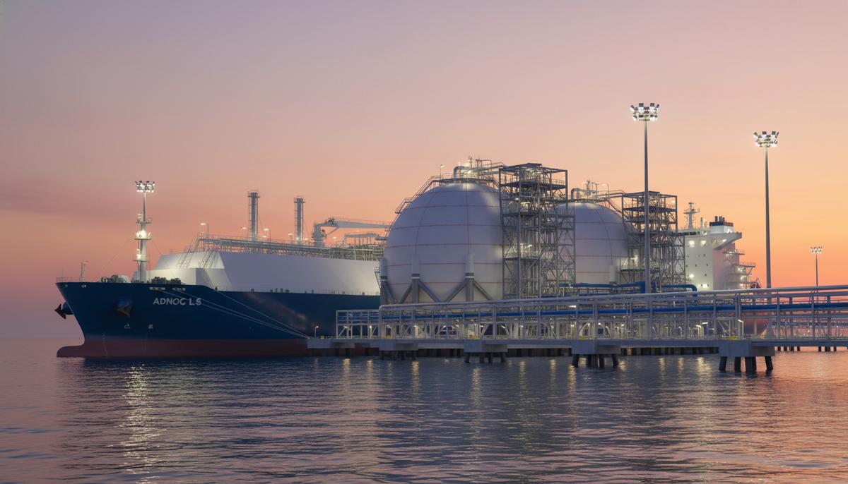 Крупный СПГ-танкер у причала современного газового терминала с хранилищами и промышленными установками на побережье.