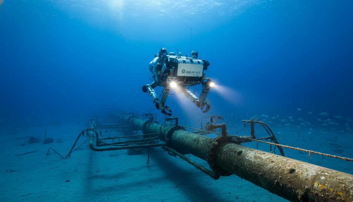 Автономный подводный робот Aquanaut с включенными прожекторами исследует морское дно рядом с подводным трубопроводом.