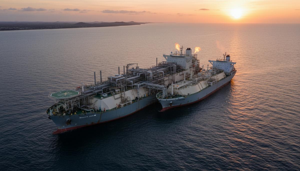 Морская плавучая установка СПГ «Nguya» загружает сжиженным газом танкер-газовоз у берегов Африки.