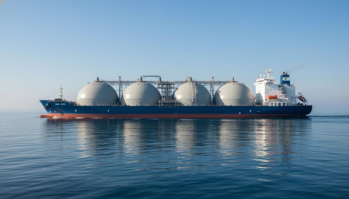 Очень большой газовоз (VLGC) в открытом море. Вид на судно сбоку, видны палубные надстройки, корпус корабля и спокойная вода.