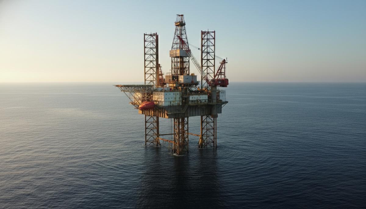 Морская самоподъемная буровая платформа в Тиморском море. Вид на буровую вышку и оборудование на палубе без людей на фоне спокойного океана.