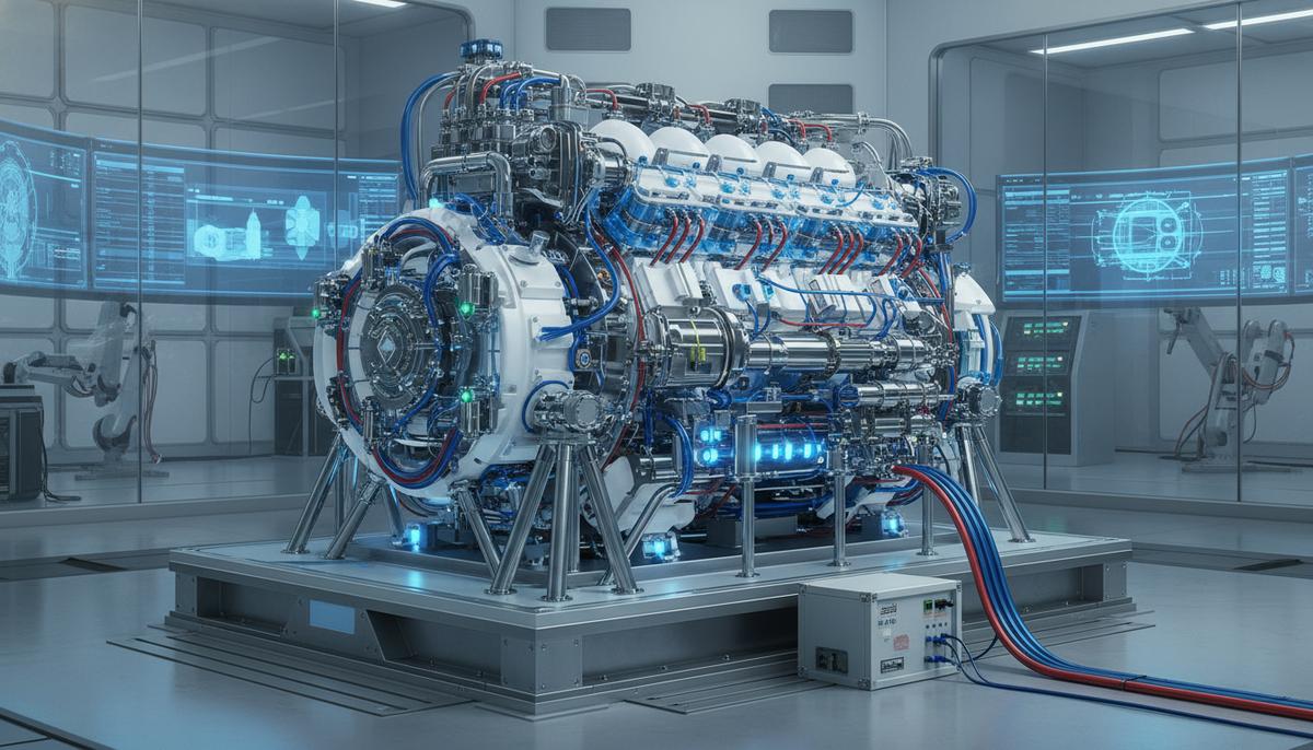 Прототип современного судового двигателя на испытательном стенде в чистом помещении исследовательской лаборатории.