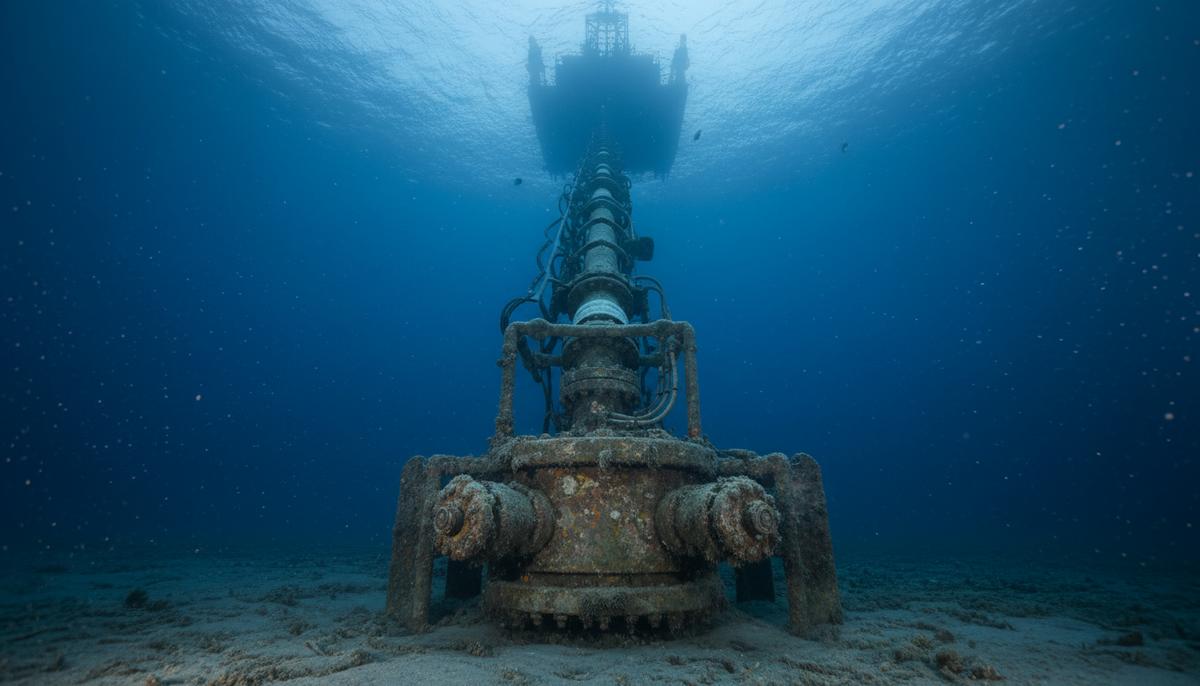 Подводное устье скважины на морском дне, от которого вверх уходит райзерная система. На поверхности воды виден силуэт полупогружного судна.
