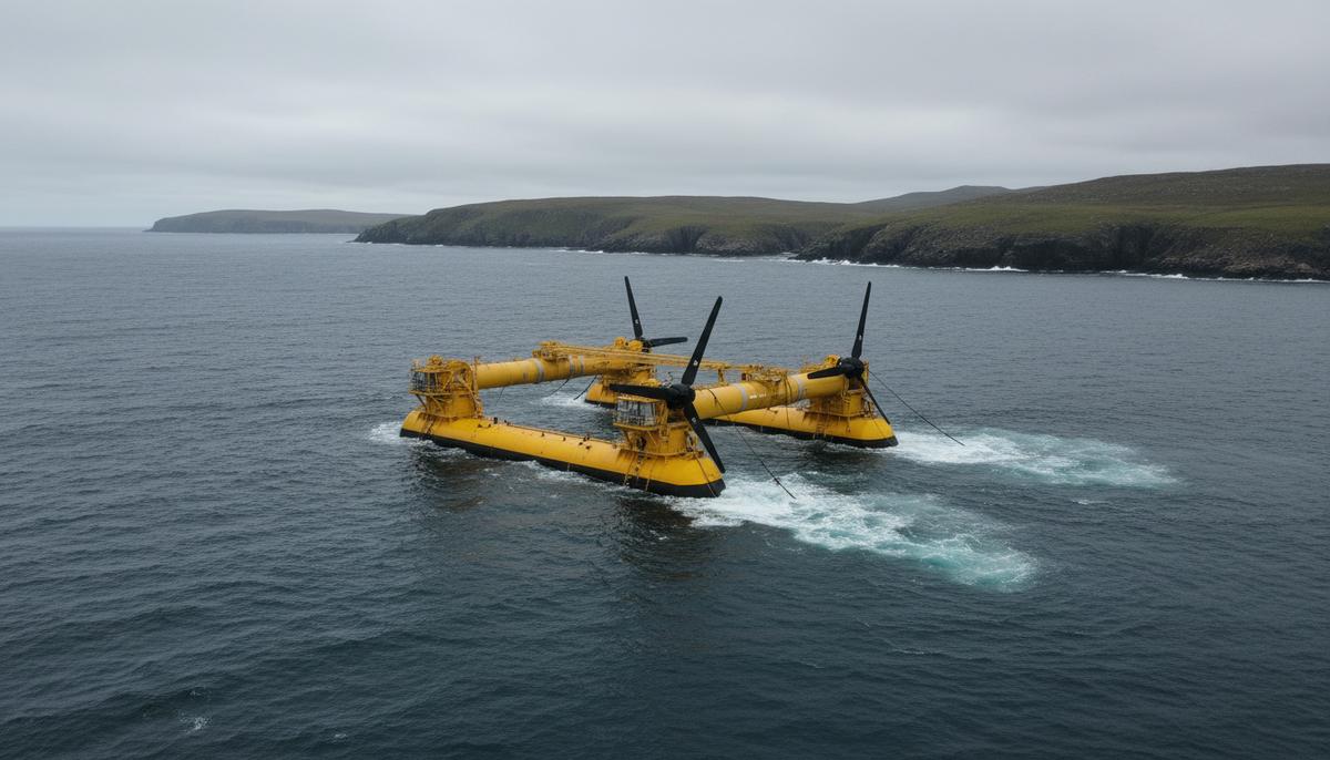 Плавучая приливная турбина желтого цвета в море на фоне скалистого побережья под пасмурным небом.