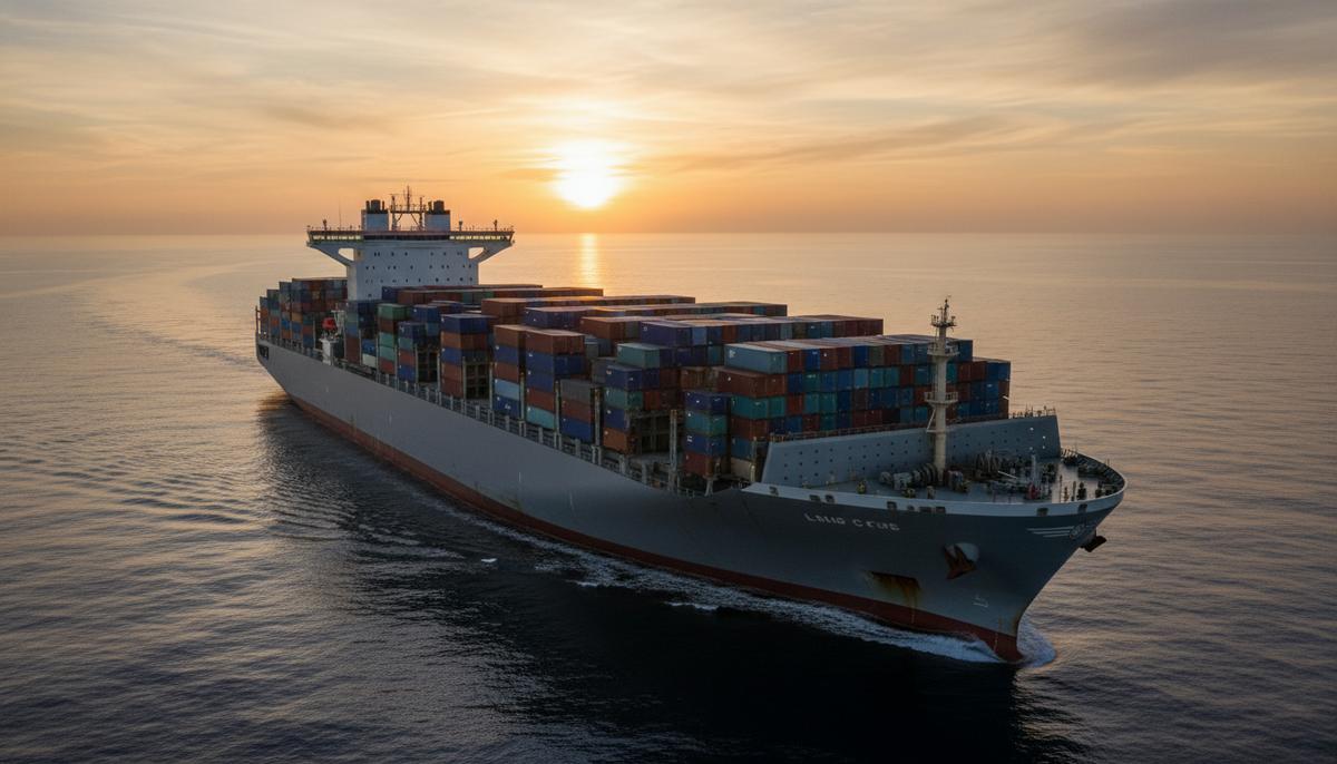 Огромный современный контейнеровоз, работающий на СПГ, идет по морю на рассвете. На палубе ряды контейнеров.