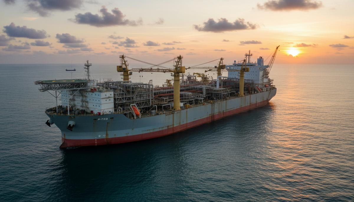 Крупная плавучая установка для добычи нефти (FPSO) P-79, заякоренная в открытом океане у побережья Бразилии.