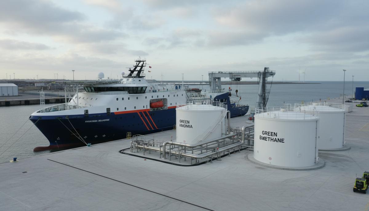 Современное судно для обслуживания морских платформ у причала в порту, рядом расположены белые топливные резервуары и трубопроводы.