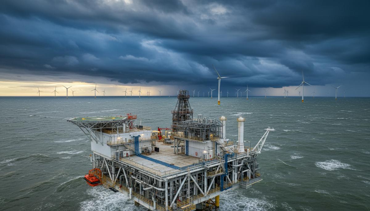 Морская газовая платформа N05-A и ветряные турбины морской ветроэлектростанции Риффгат в Северном море.