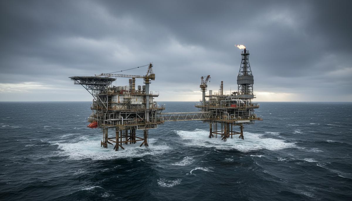 Морская газодобывающая платформа в суровых водах Северного моря под пасмурным небом. Видны волны с белыми гребнями.