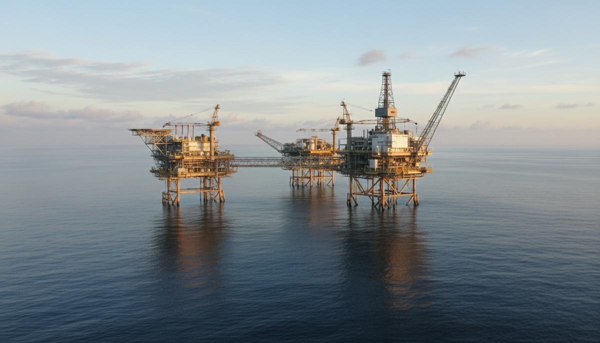 Морская нефтегазовая платформа в спокойном море на рассвете у побережья Малайзии.