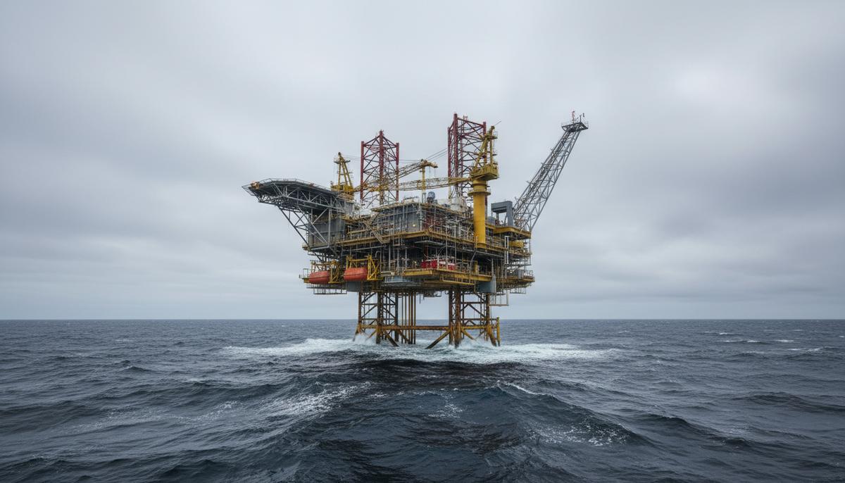 Морская нефтегазовая платформа «Рингхорн» в Северном море. Вид с уровня воды на фоне пасмурного неба.