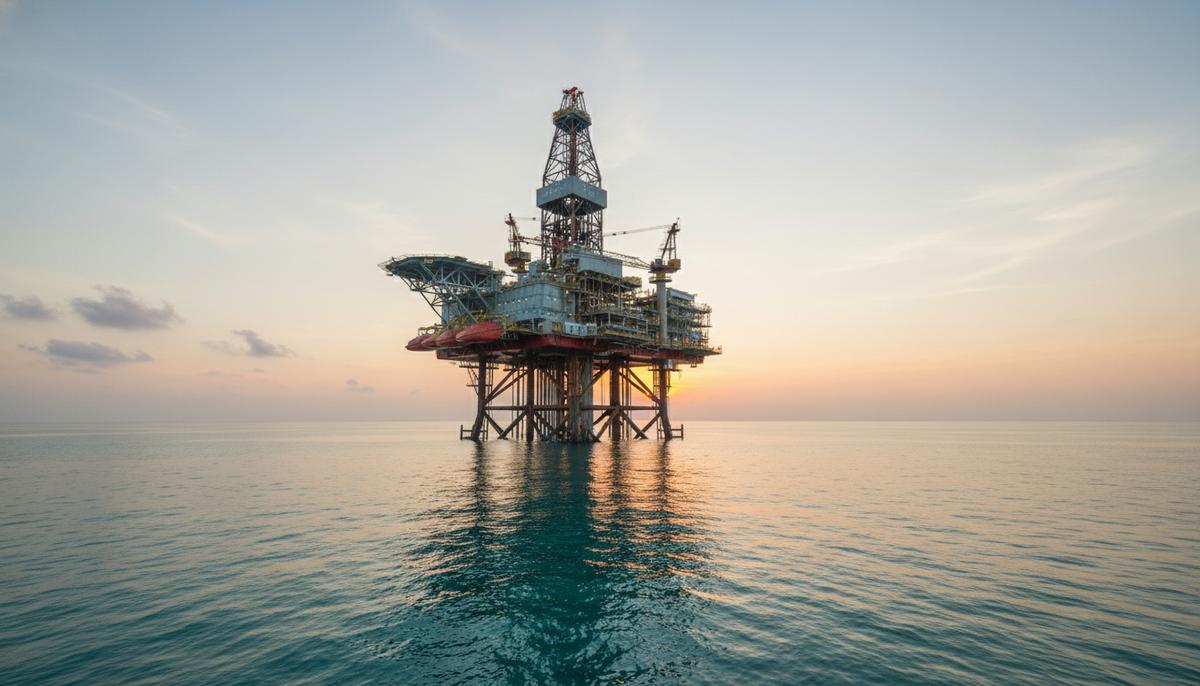 Морская буровая установка для глубоководной добычи газа в открытом море на рассвете. Вид на платформу и спокойную водную гладь.