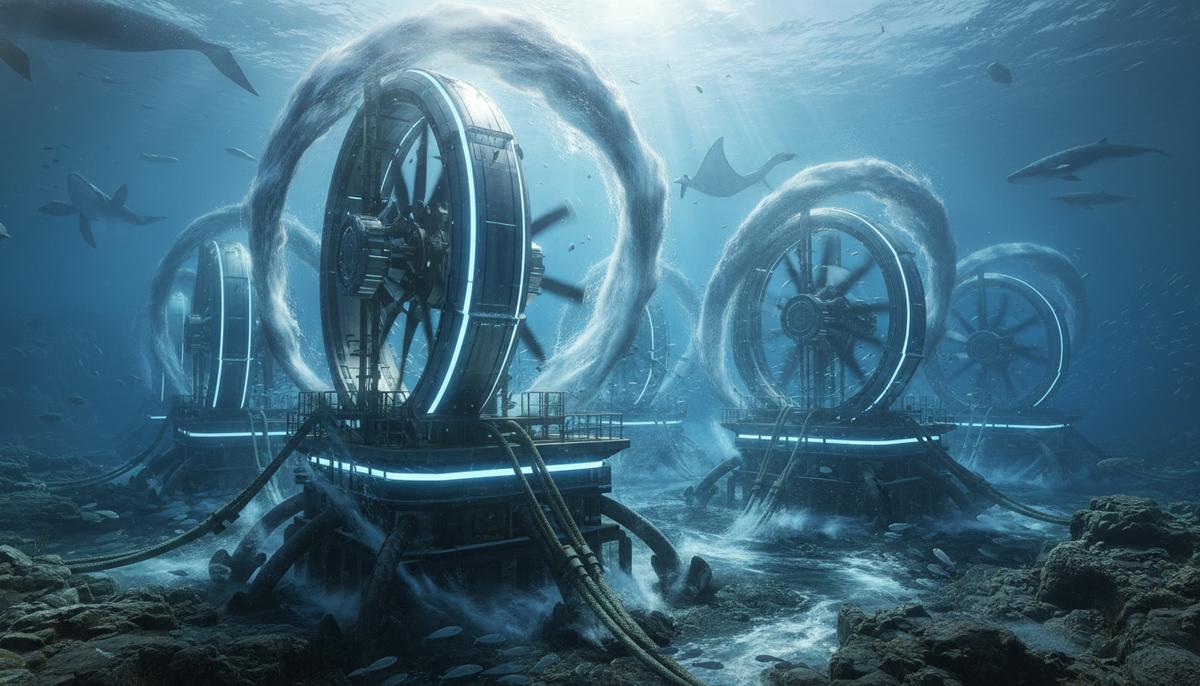 Массив подводных турбин для выработки приливной энергии, установленный на морском дне. Солнечные лучи пробиваются сквозь толщу воды.