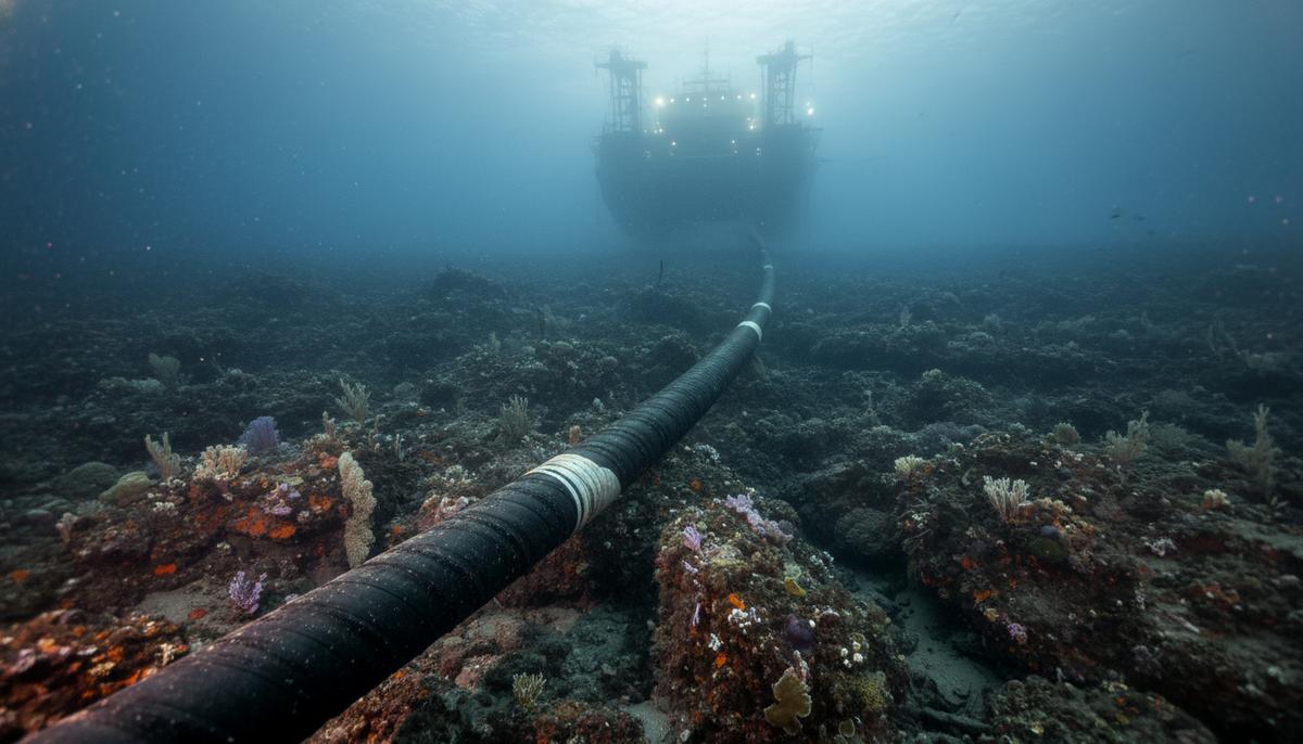 Толстый силовой кабель на скалистом морском дне на большой глубине. На поверхности виден силуэт судна-кабелеукладчика.