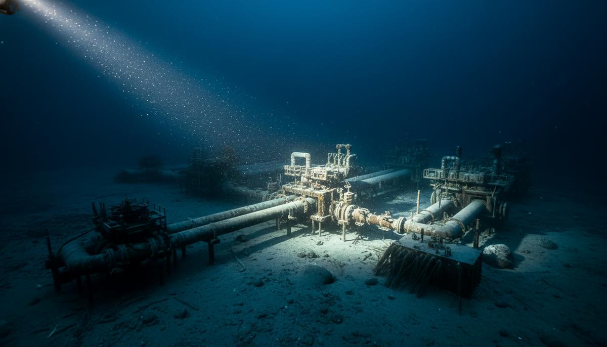 Сложная система подводного оборудования с трубопроводами и клапанами на морском дне, освещенная лучом света.