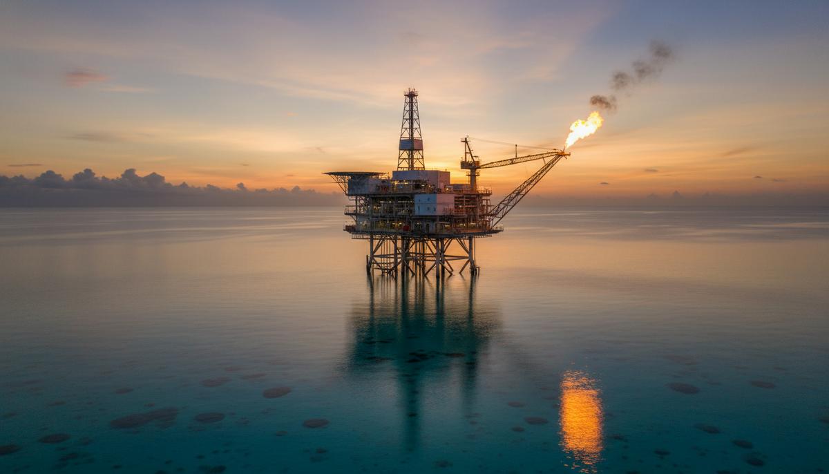 Europa Oil & Gas продлила лицензию на блок в Экваториальной Гвинее Морская газодобывающая платформа в тропических водах океана на фоне восхода солнца. Вид сбоку, без людей.