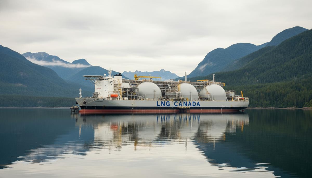 Плавучий завод по сжижению природного газа (СПГ) на якоре в заливе у скалистого, лесистого побережья Британской Колумбии.