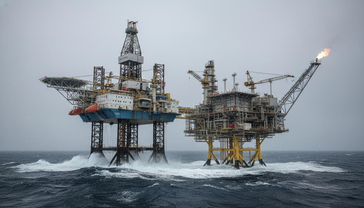 Самоподъемная буровая установка рядом с морской газодобывающей платформой в Северном море при пасмурной погоде.