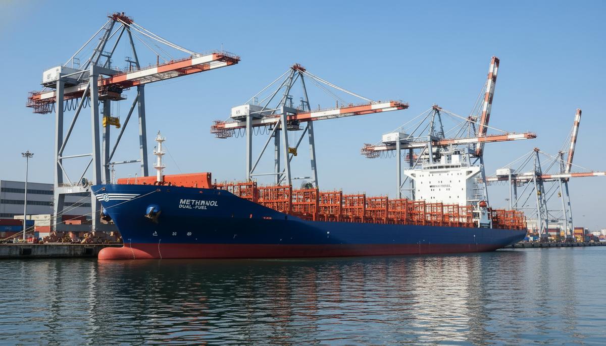 Новый контейнеровоз на метаноле у причала судостроительной верфи в Китае. На фоне видны портовые краны.