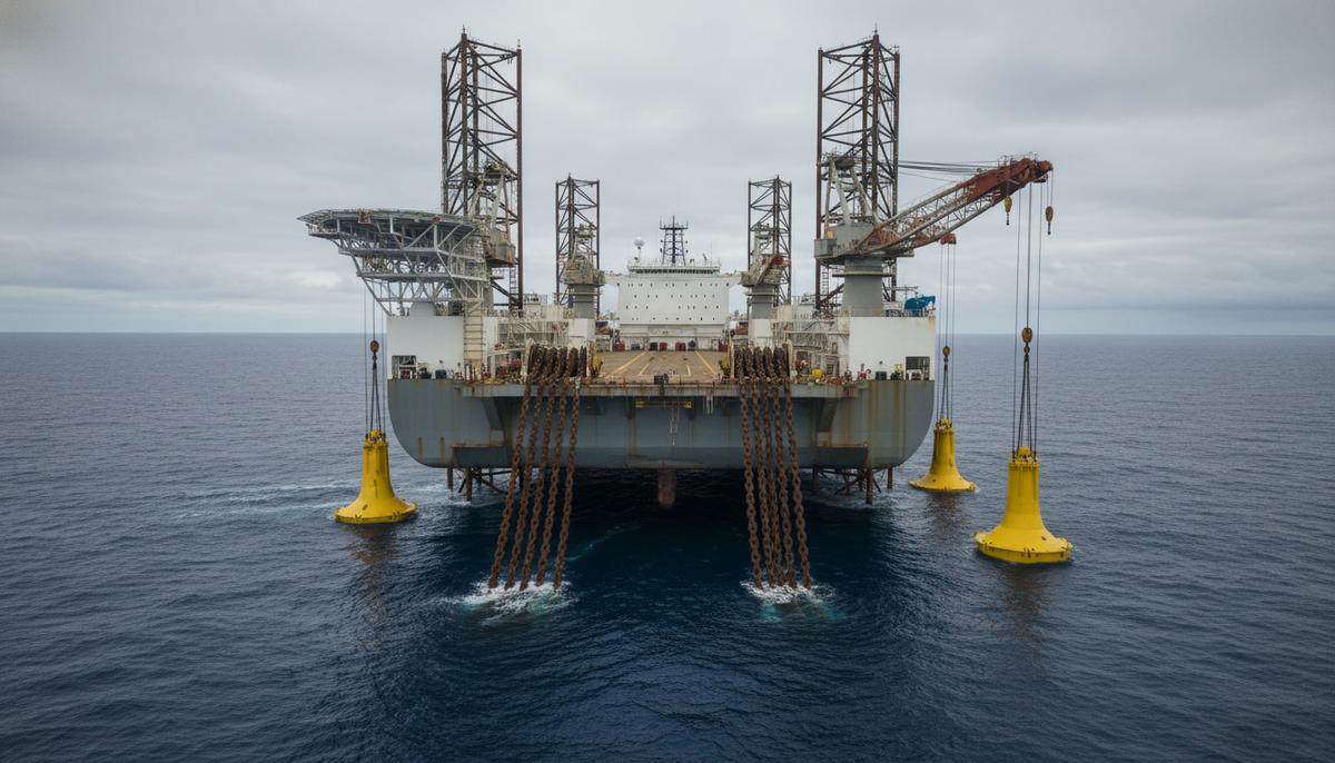 Морское судно-установщик разворачивает швартовные цепи и всасывающие якоря в открытом море у побережья Гайаны.