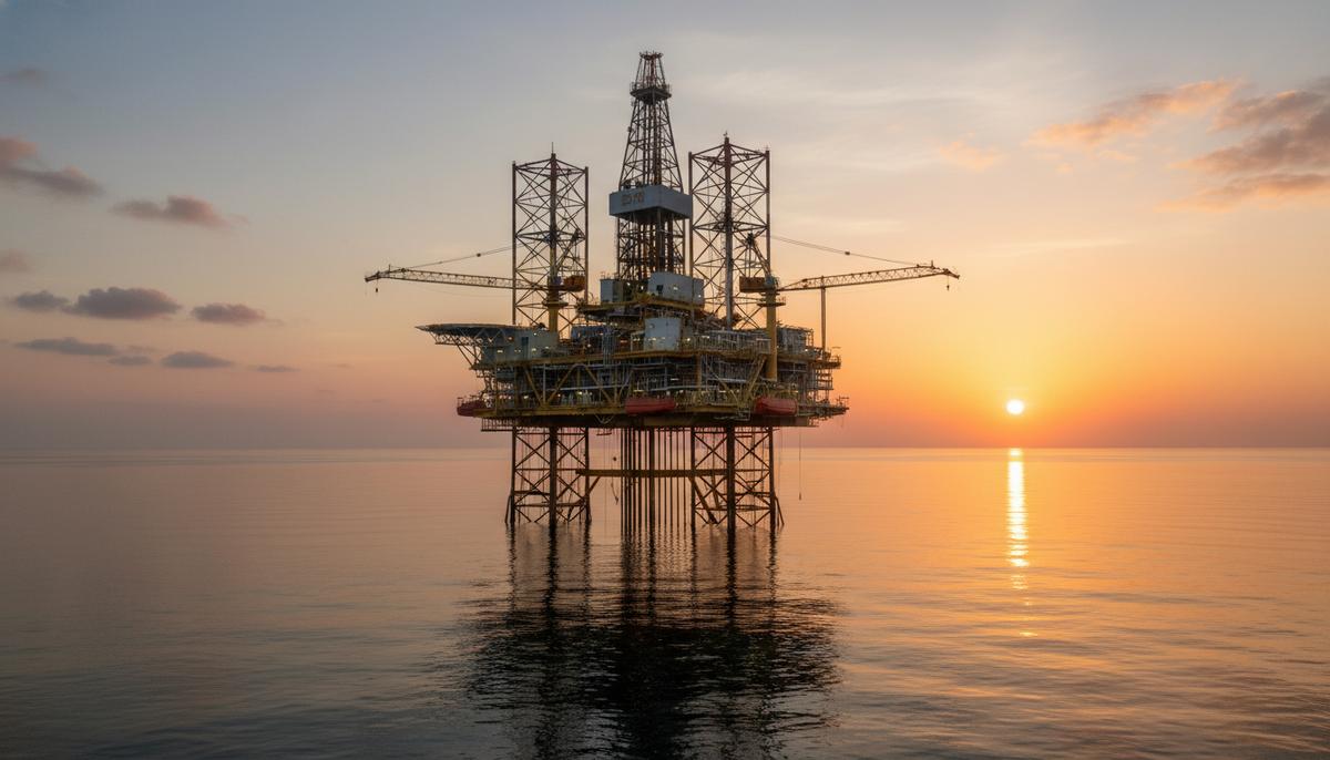 Морская геологоразведочная платформа в Аравийском море на рассвете. Вид на буровую установку и краны на фоне океана.