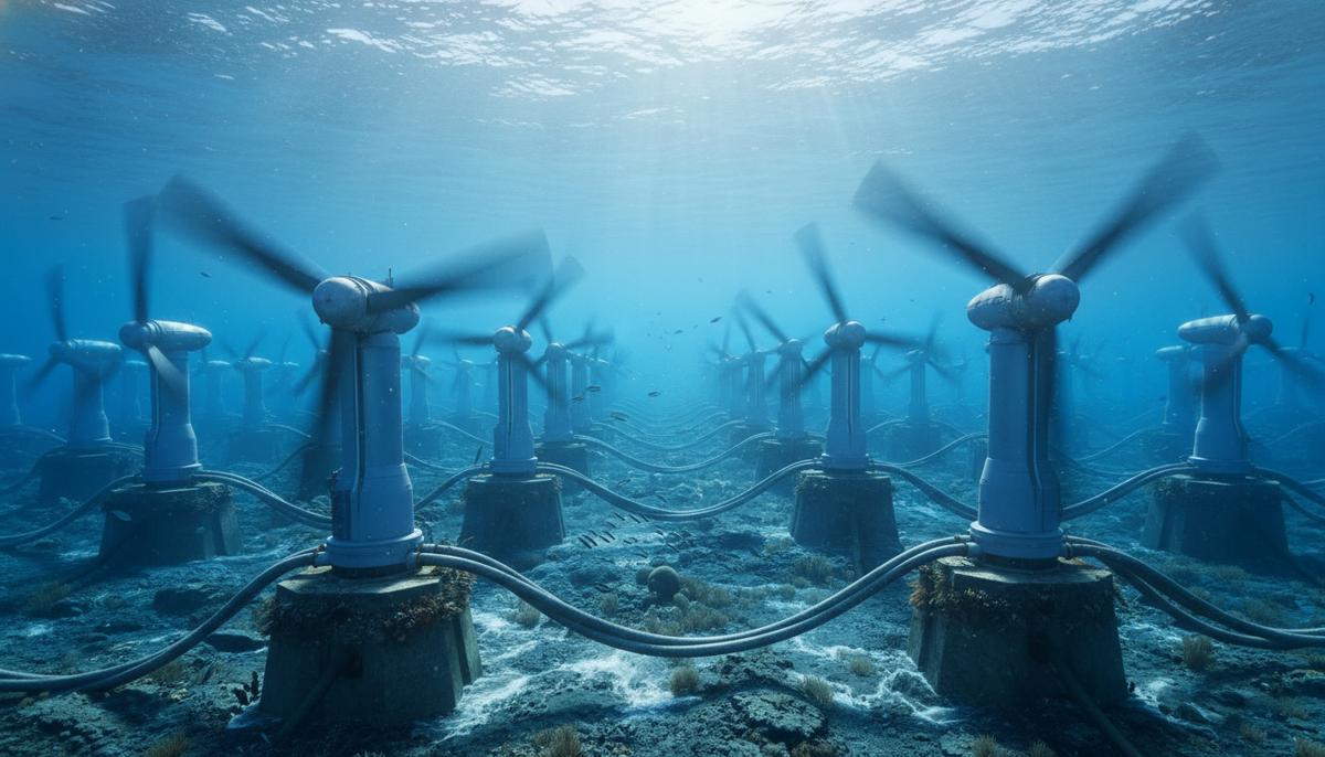 Ряд подводных турбин приливной электростанции, установленных на морском дне для выработки электроэнергии.