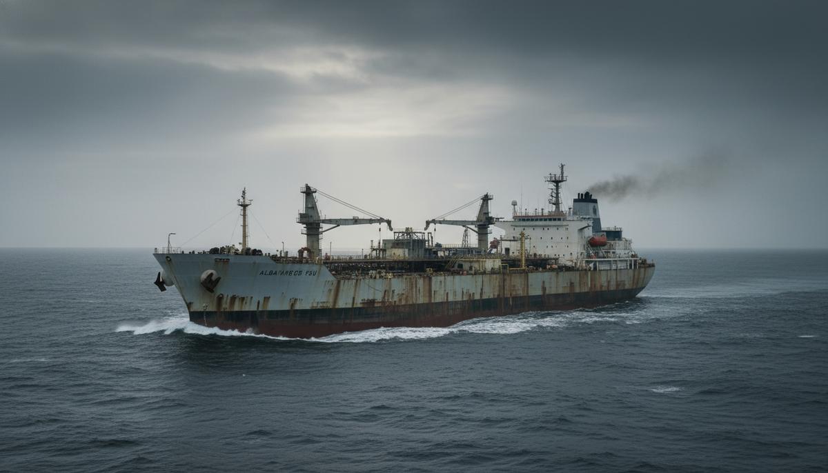 Большое плавучее нефтехранилище Alba с признаками эксплуатации в серых водах Северного моря под пасмурным небом.