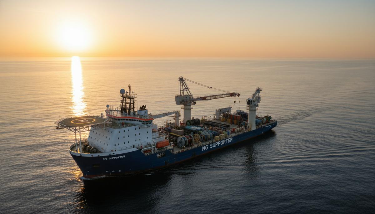 Морское судно для подводно-технических работ NG Supporter в открытом море на рассвете. На его палубе виден большой кран и вертолетная площадка.