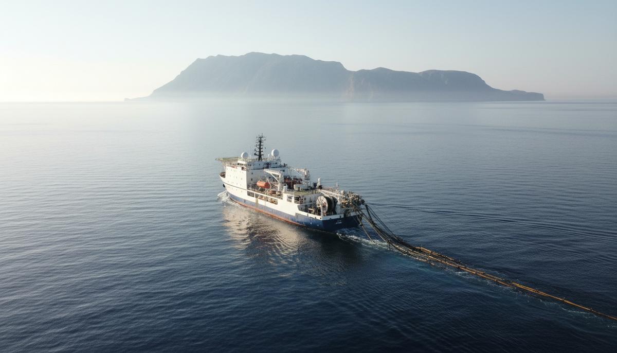 Chevron и Helleniq Energy начинают разведку углеводородов у берегов Греции Судно для сейсмической разведки в Средиземном море на фоне скалистого побережья Греции.