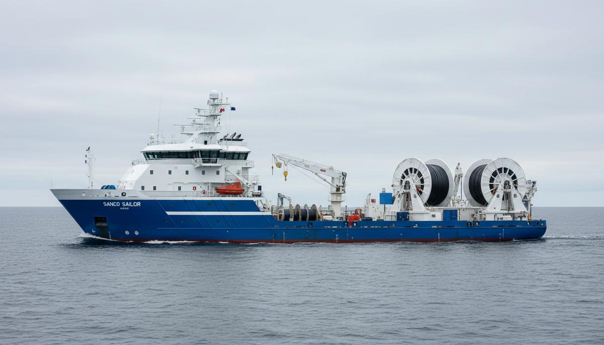 Современное сейсмическое судно Sanco Sailor в море после модернизации. На кормовой палубе видно специальное оборудование для морской разведки.