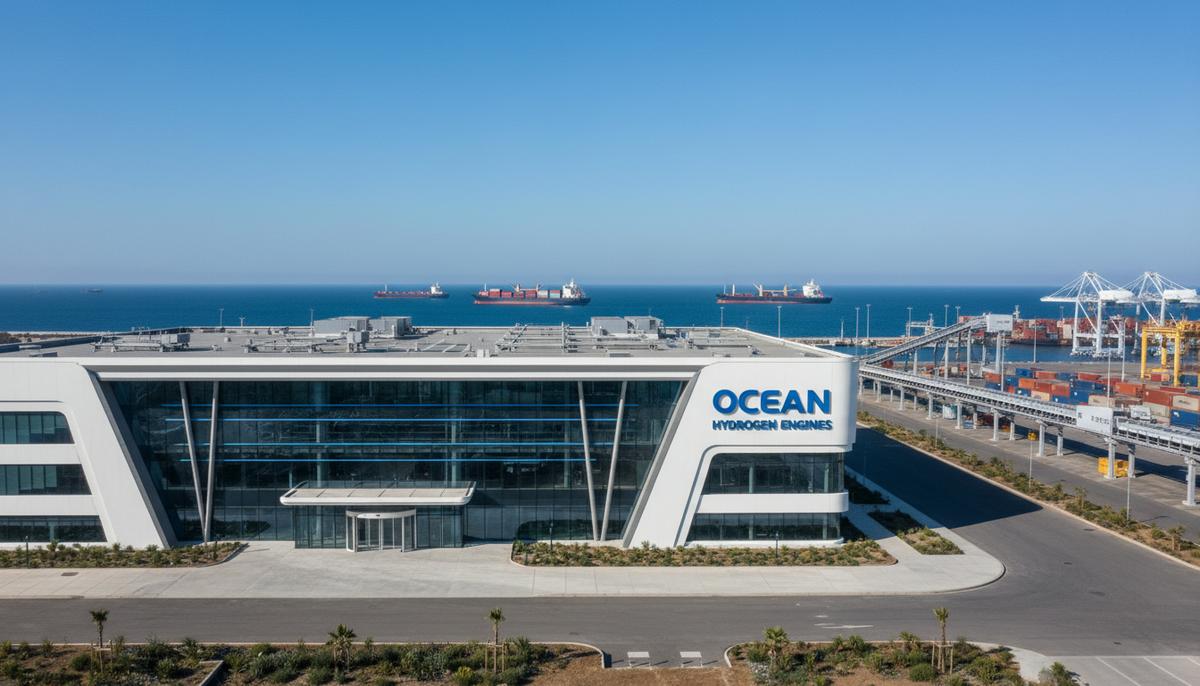 Современное здание нового завода по производству судовых двигателей на побережье в промышленной зоне.