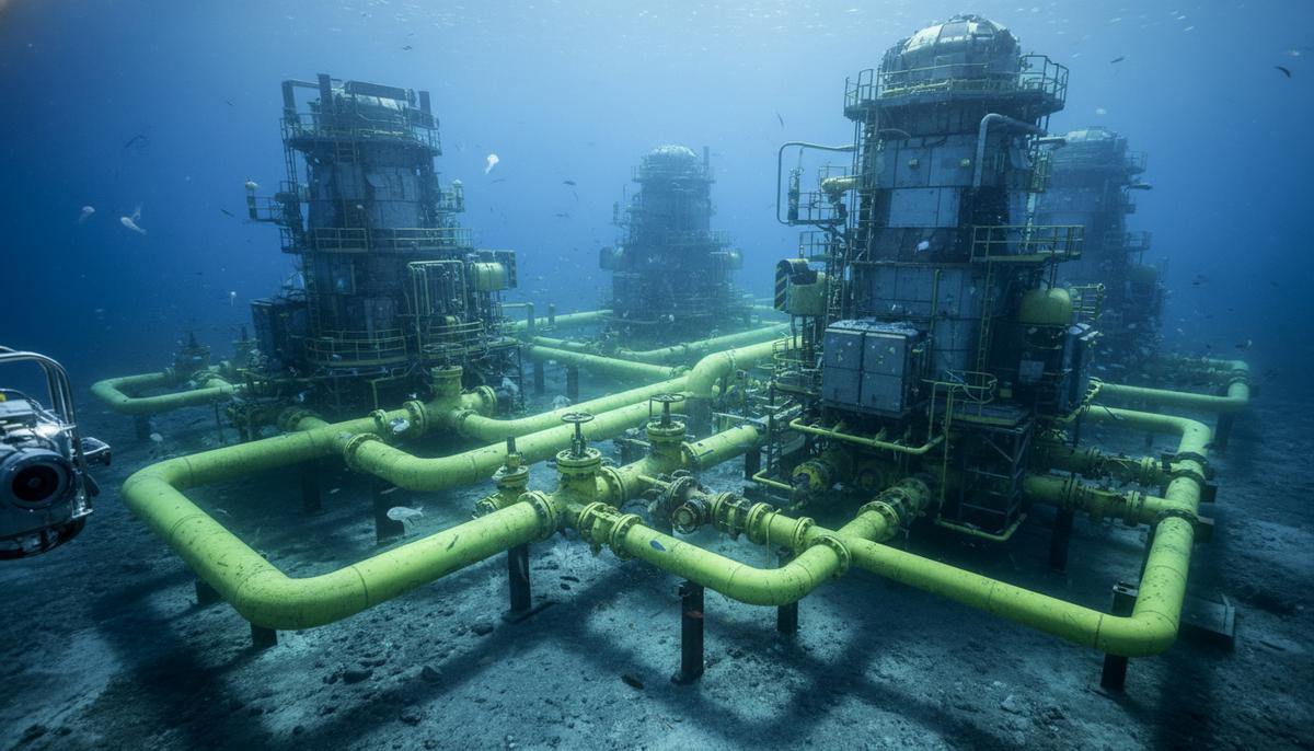 Подводная компрессорная станция на морском дне. Сложная система из желтых труб, клапанов и крупных модулей оборудования.