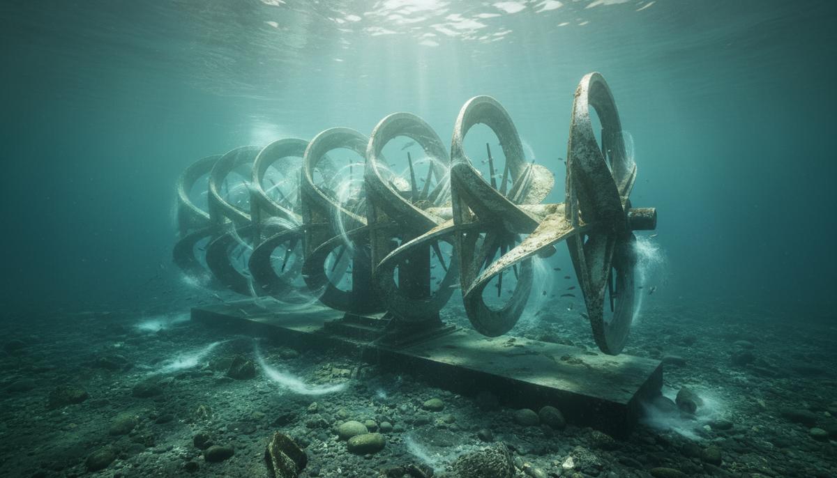 В Ирландии завершены испытания приливной турбины мегаваттного класса Крупная приливная турбина мегаваттного класса, установленная на морском дне. Подводный вид энергетической установки.