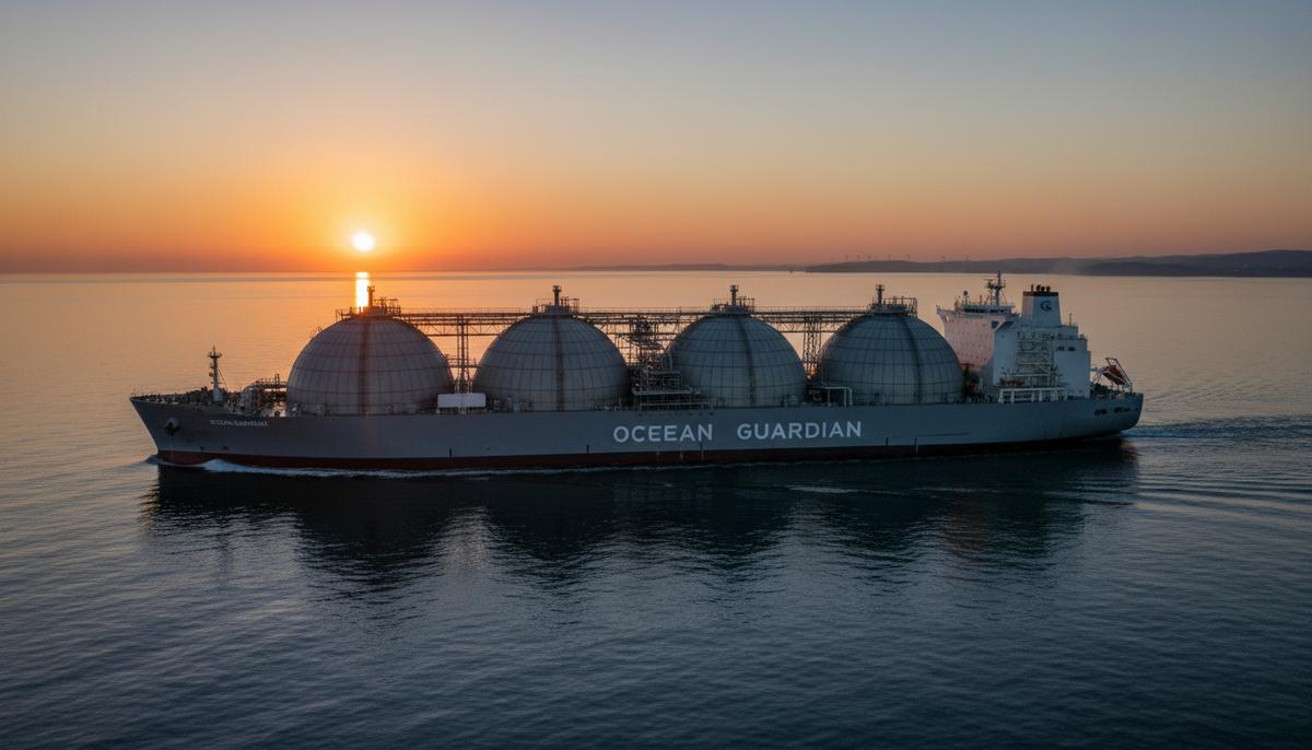 Крупный современный газовоз (СПГ-танкер) в открытом море на рассвете, вид сбоку на палубу и грузовые танки.