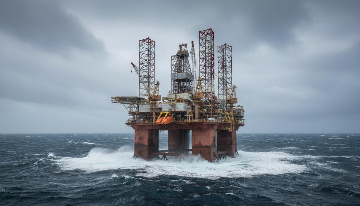 Полупогружная буровая установка COSL Innovator в водах Северного моря. Вид на морскую платформу в открытом море.