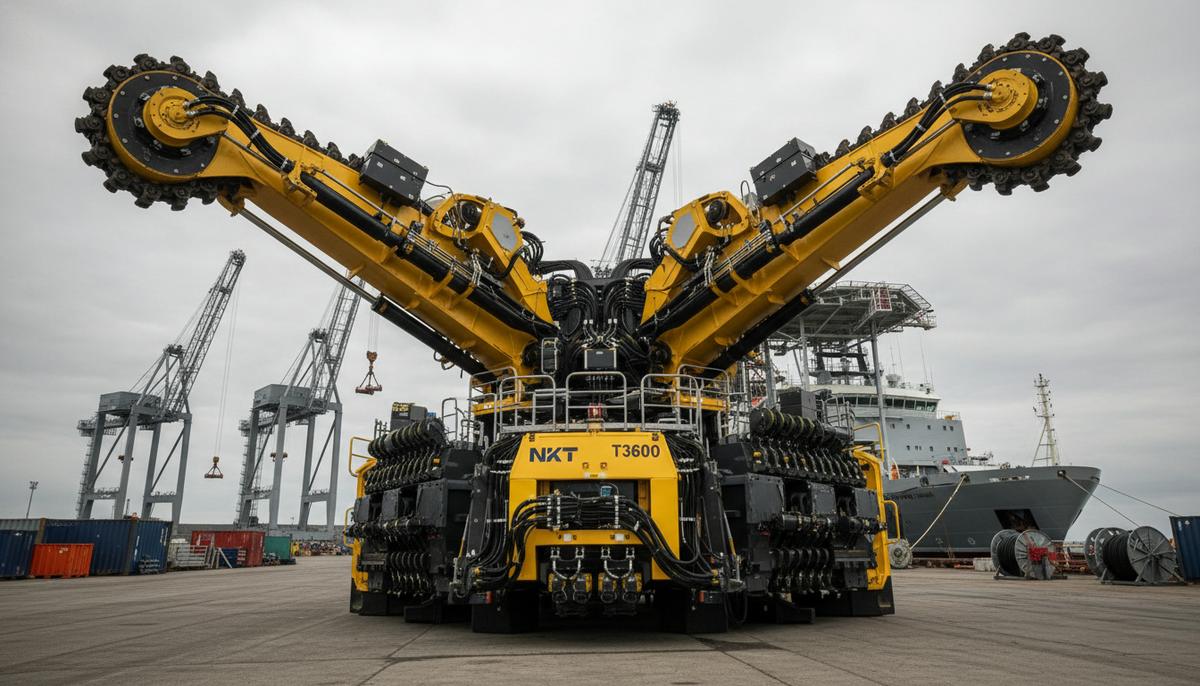 Самый мощный в мире подводный траншеекопатель прибыл в порт Блайт Новый мощный подводный траншеекопатель NKT T3600 на дооснащении в порту Блайт, Великобритания.