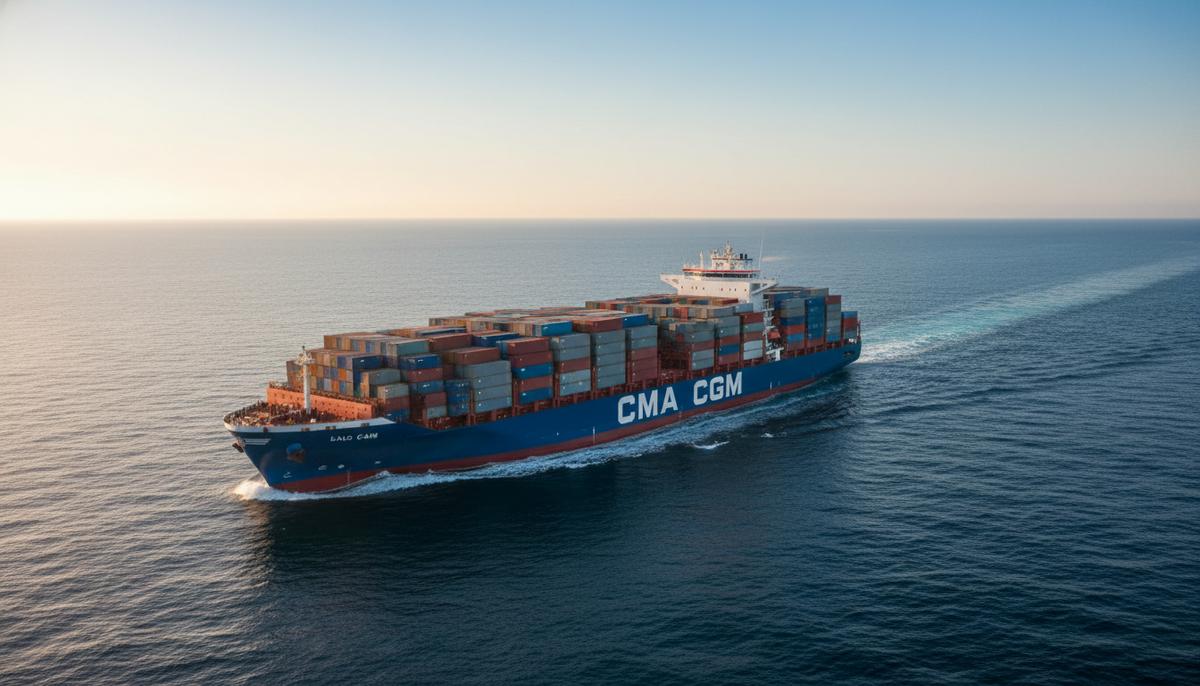 Современный контейнеровоз CMA CGM, работающий на СПГ, с контейнерами на борту плывет по открытому морю.