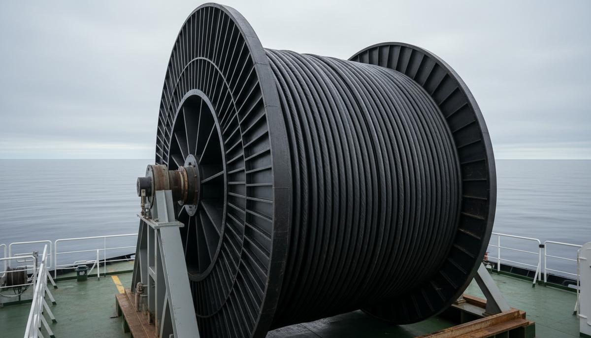 Огромная катушка с высоковольтным подводным силовым кабелем на палубе судна-кабелеукладчика в открытом море.