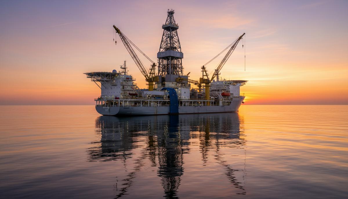 Современное морское буровое судно в открытом океане на фоне рассвета. Вид на буровую вышку и палубное оборудование на корабле.