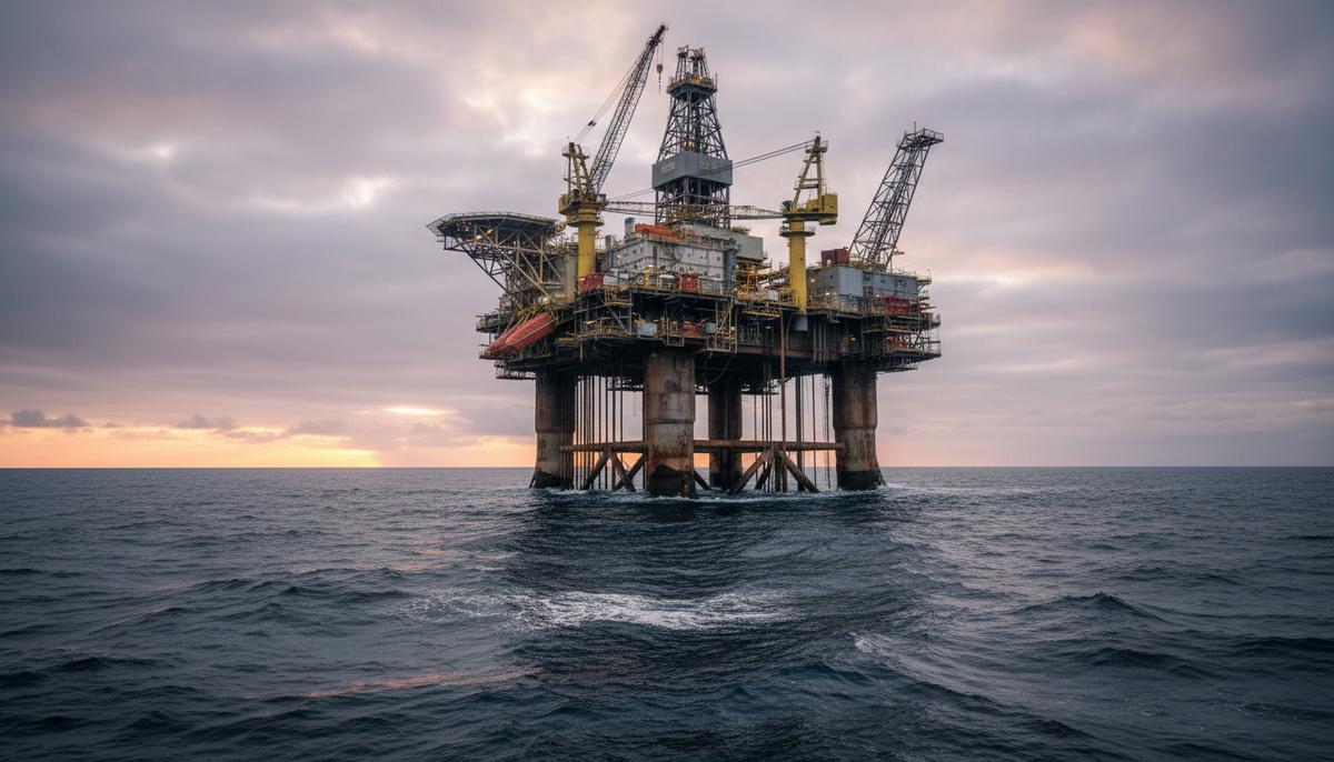 Полупогружная морская буровая установка в открытом море на фоне облачного неба во время восхода солнца.