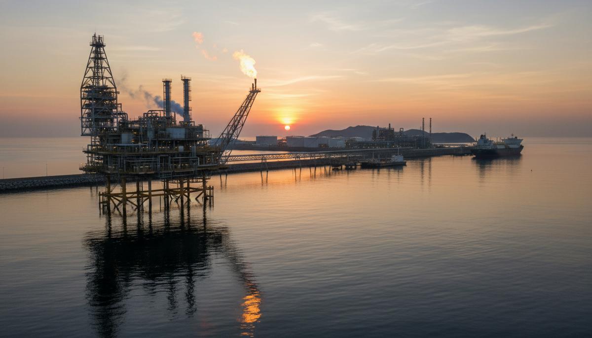 Крупная морская платформа по производству СПГ и завод по сжижению газа на берегу на рассвете в спокойном море.