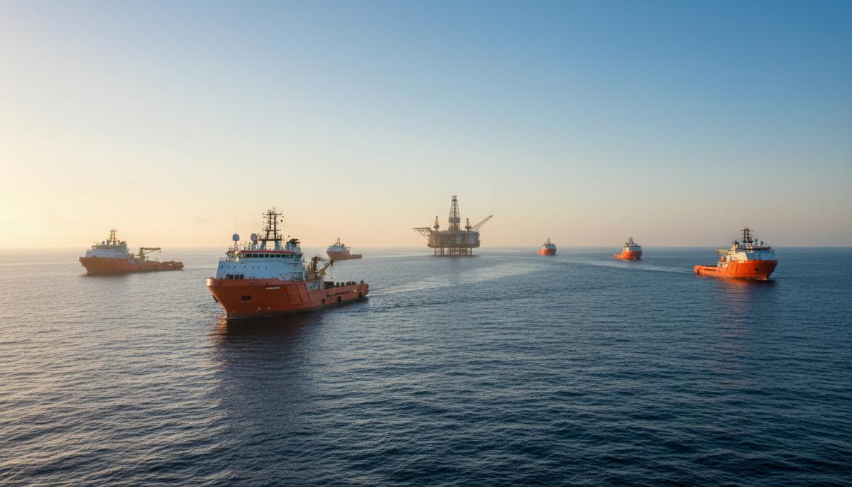 Tidewater приобретает Wilson Sons для расширения флота в Бразилии Несколько судов обеспечения морских операций в спокойном море, вдали на горизонте видна буровая платформа.