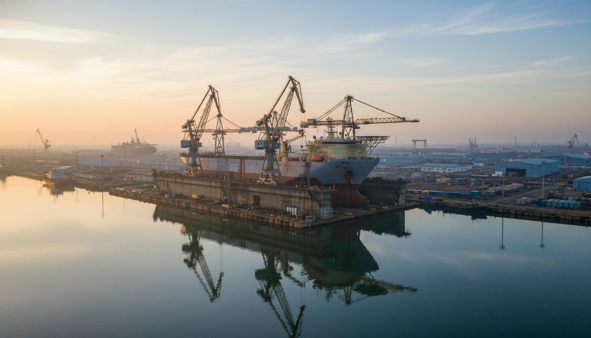 Обширная панорама современной судостроительной верфи на рассвете. В сухом доке строится большое морское судно в окружении портовых кранов.
