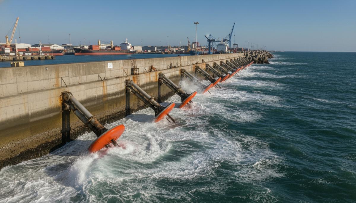 Волновая электростанция в порту Яффо стабильно вырабатывает энергию Ряд поплавков волновой электростанции, прикрепленных к бетонному волнолому в порту, морские волны бьются о конструкцию.