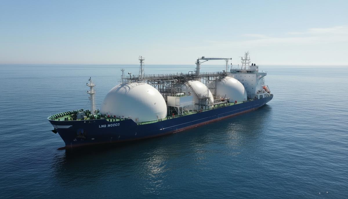 Современное судно–бункеровщик для сжиженного природного газа в море. На палубе расположены крупные криогенные танки и технологическое оборудование.