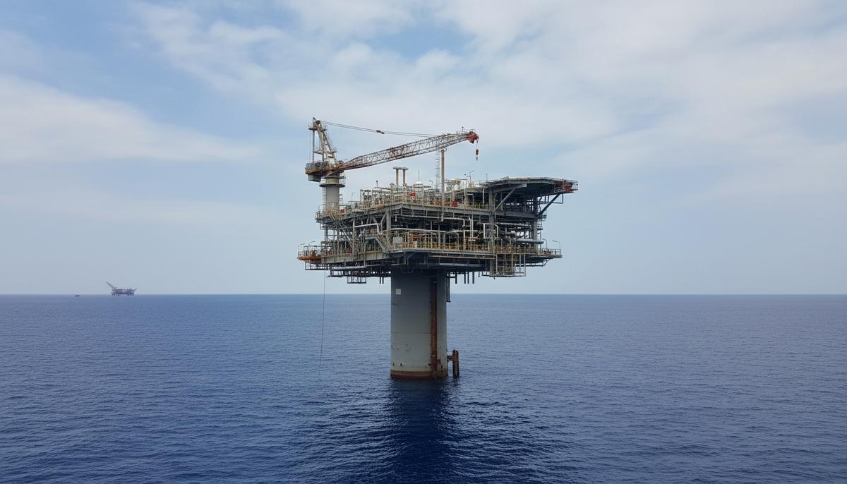 Новая морская платформа для добычи газа типа монопод в Средиземном море. На заднем плане видна другая морская установка.