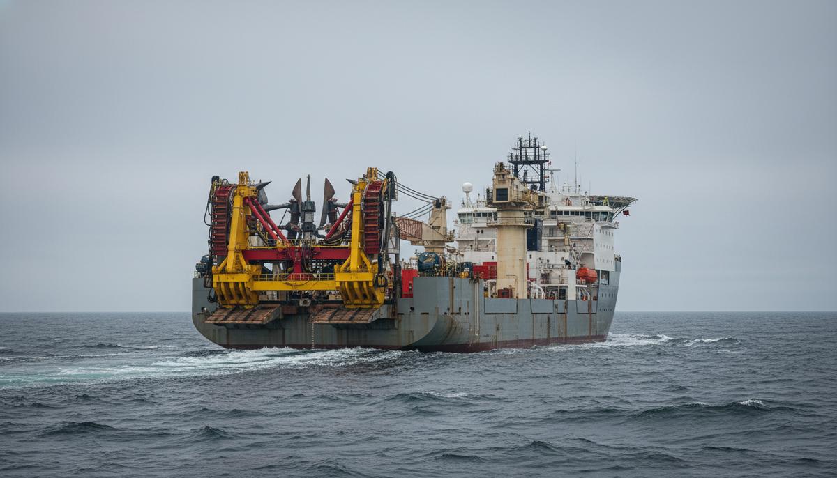 Специализированное морское судно с большим плугом для подготовки морского дна на палубе в Балтийском море.