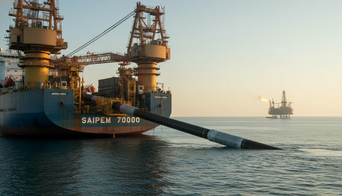 Крупное трубоукладочное судно в море опускает в воду секцию промышленного трубопровода, на горизонте виднеется морская нефтедобывающая платформа.